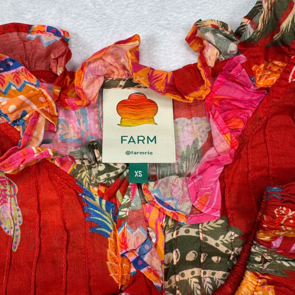 FARM Rio Women's XS Red Floral Ruffle Button Up Long Sleeve Blouse Top - Picture 2 of 7